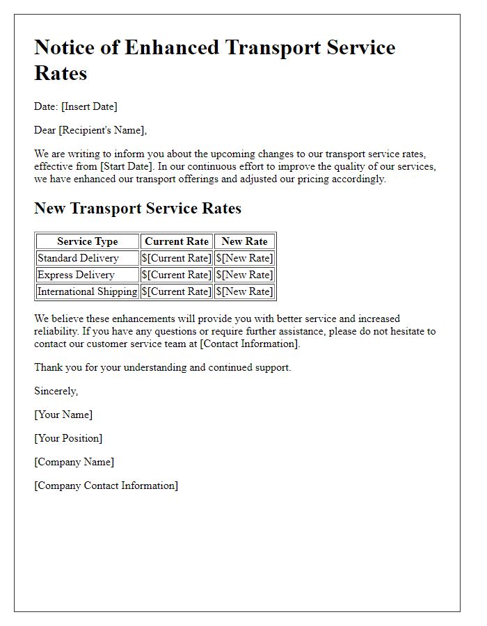 Letter template of information on enhanced transport service rates