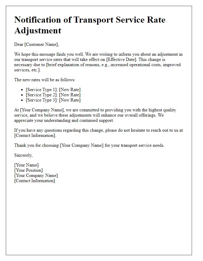 Letter template of notification for transport service rate adjustment