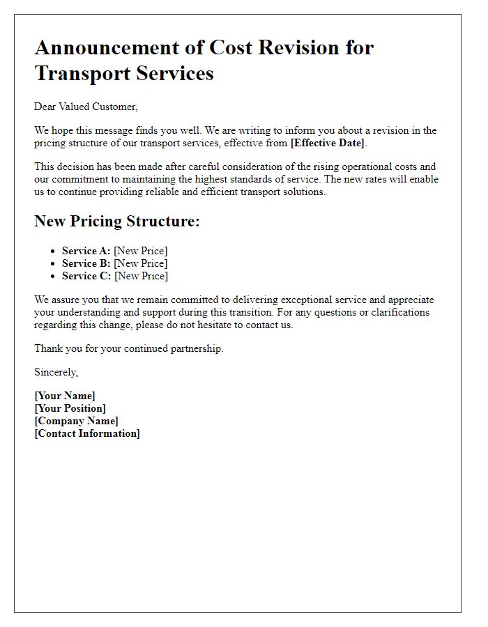 Letter template of transport service cost revision announcement