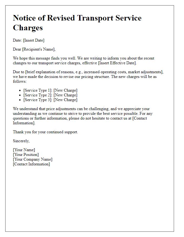 Letter template of update on revised transport service charges