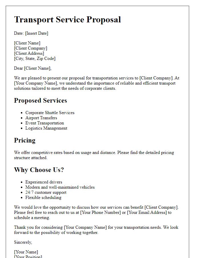 Letter template of transport service proposal for corporate clients.