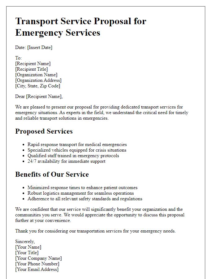 Letter template of transport service proposal for emergency services.