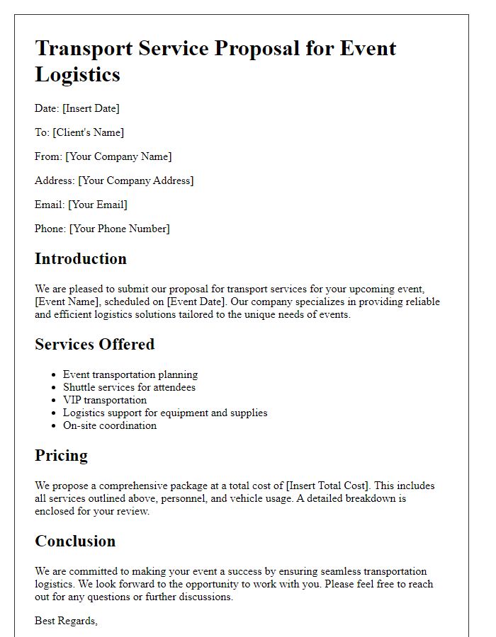 Letter template of transport service proposal for event logistics.