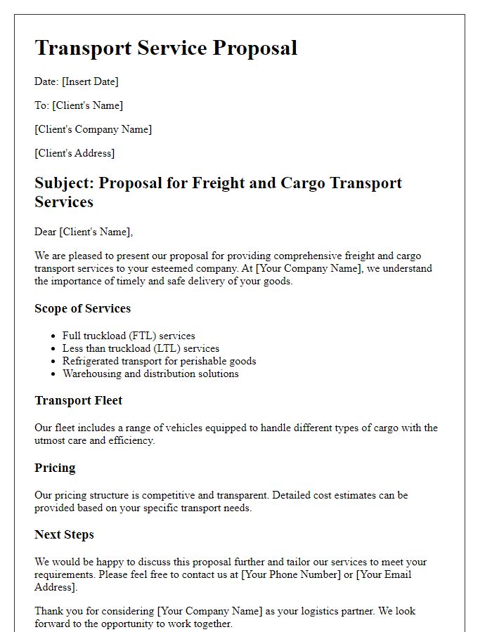 Letter template of transport service proposal for freight and cargo transport.