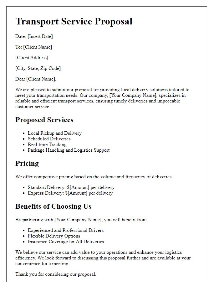 Letter template of transport service proposal for local delivery solutions.