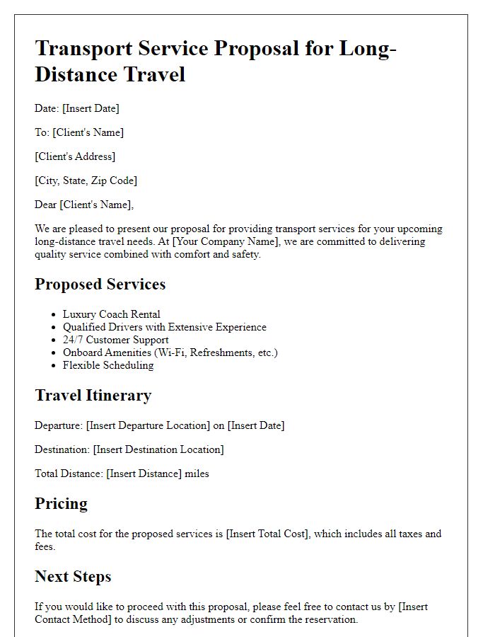 Letter template of transport service proposal for long-distance travel.