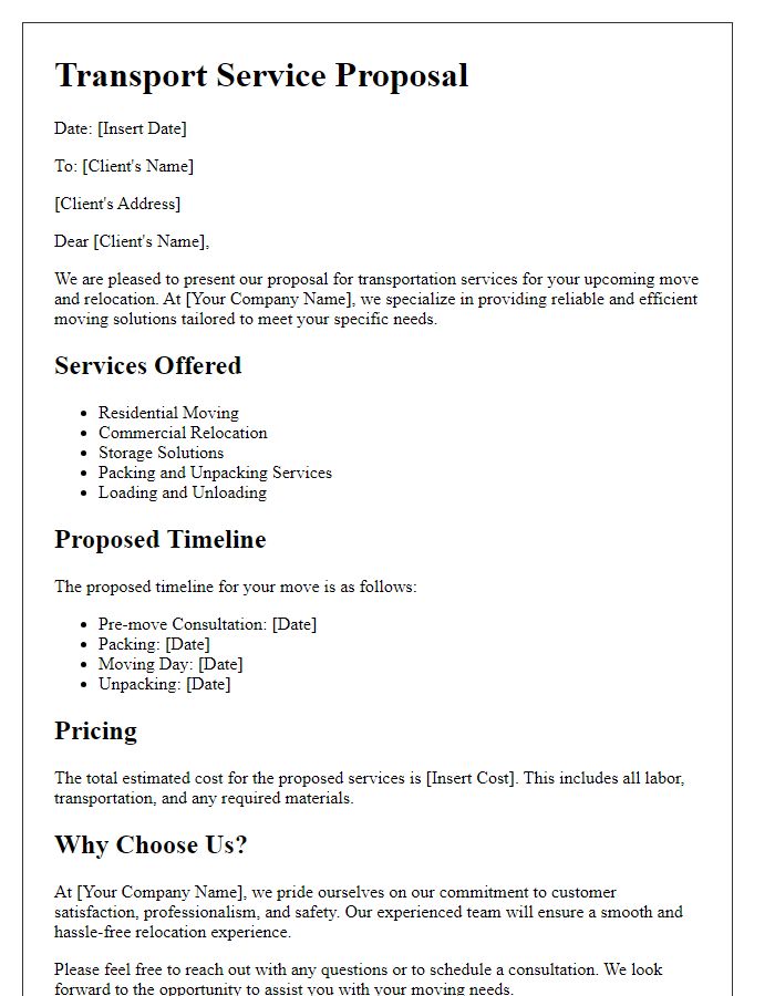 Letter template of transport service proposal for moving and relocation.