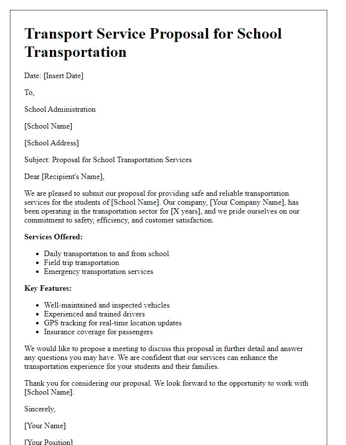 Letter template of transport service proposal for school transportation.