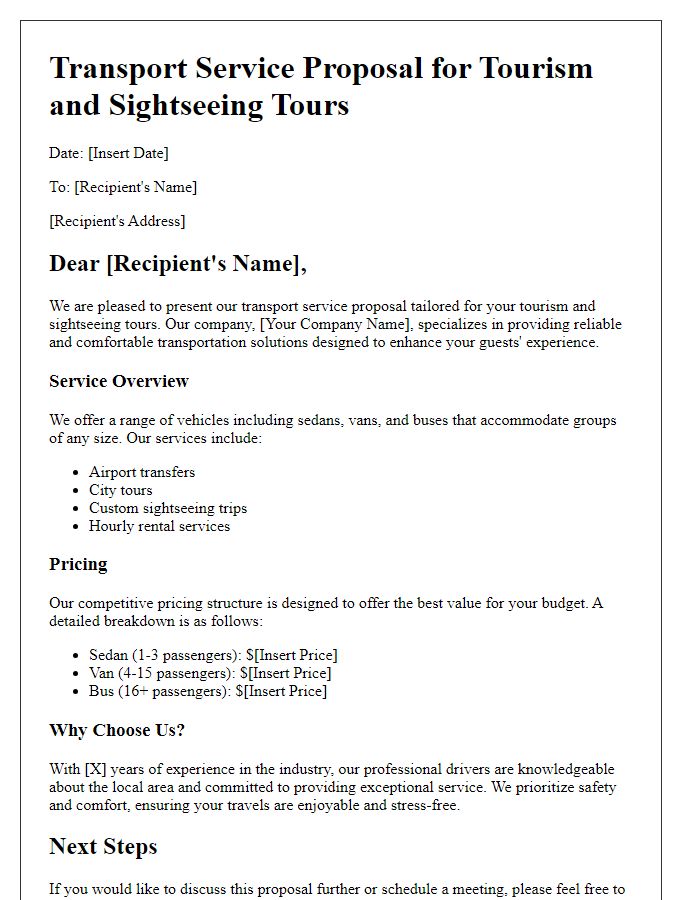 Letter template of transport service proposal for tourism and sightseeing tours.