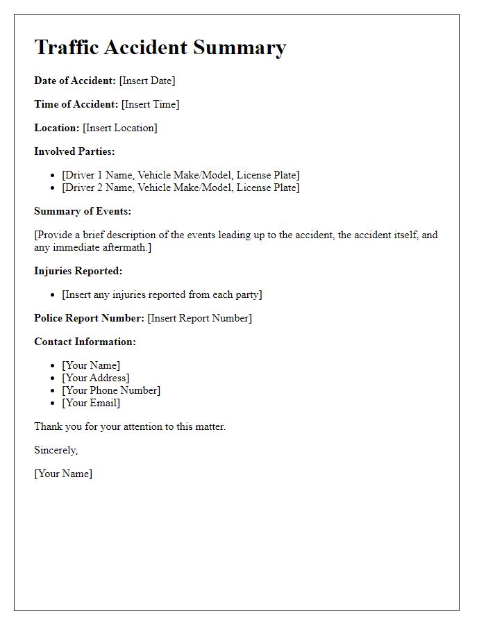 Letter template of traffic accident summary