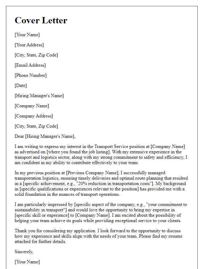 Letter template of cover letter for transport service position