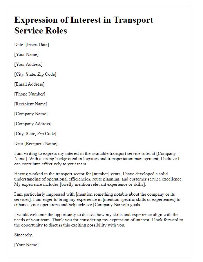 Letter template of expression of interest in transport service roles