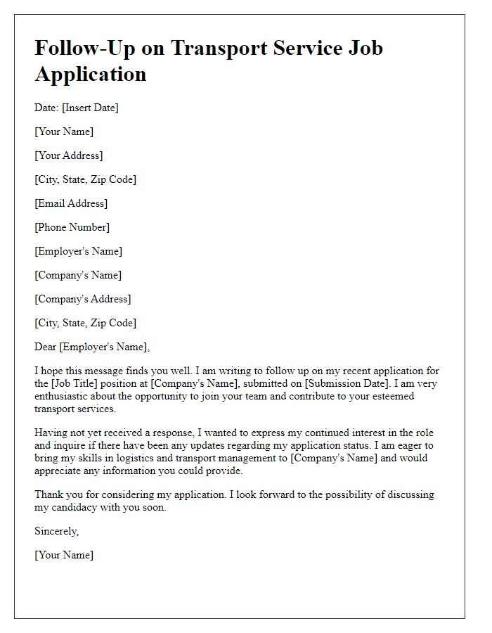 Letter template of follow-up on transport service job application