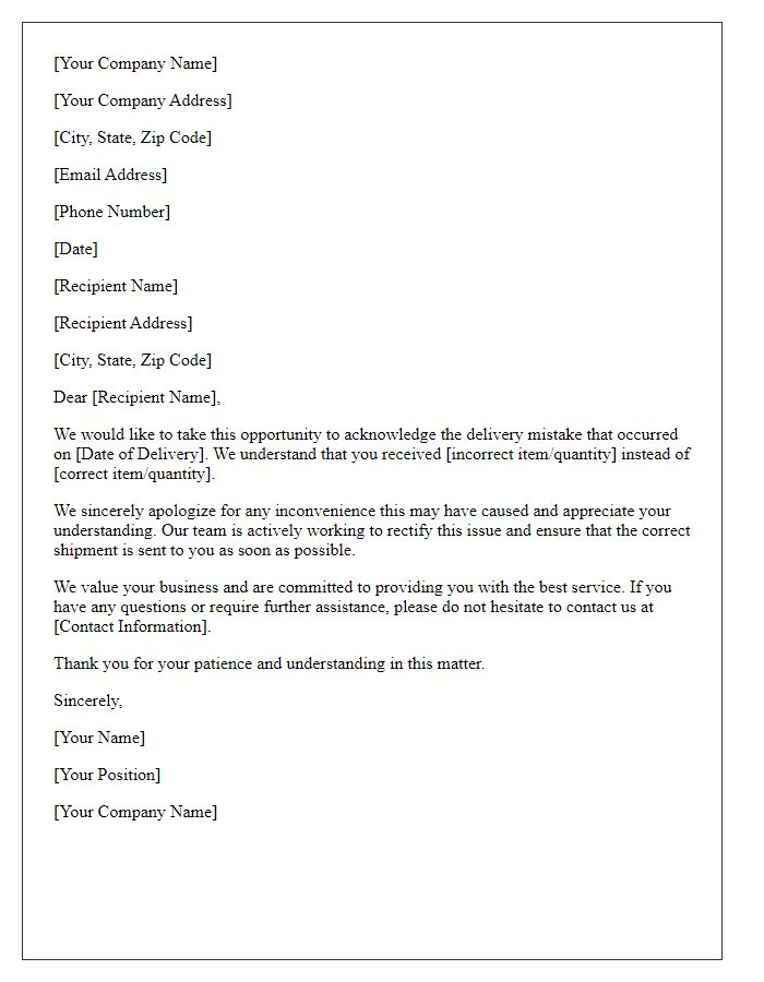 Letter template of acknowledgment for delivery mistakes.