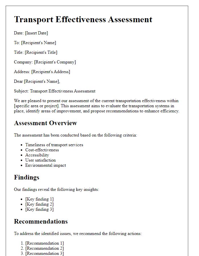 Letter template of transport effectiveness assessment