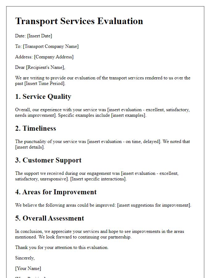 Letter template of transport services evaluation