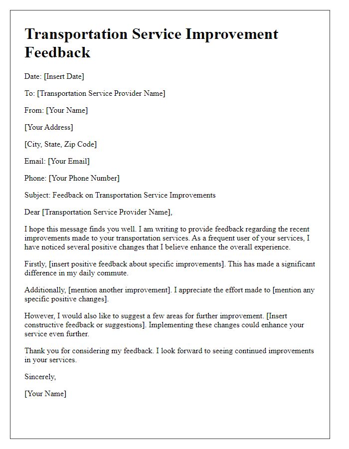 Letter template of transportation service improvement feedback