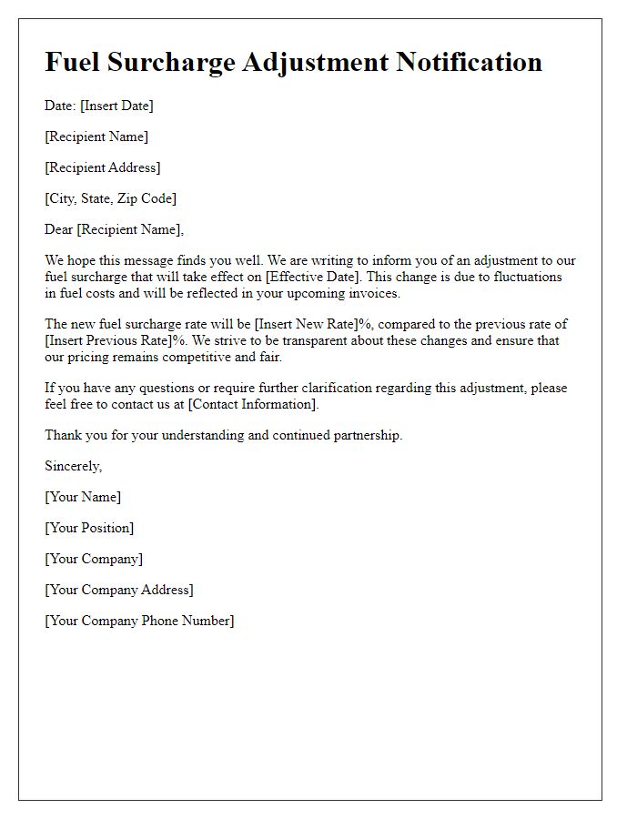 Letter template of fuel surcharge adjustment notification