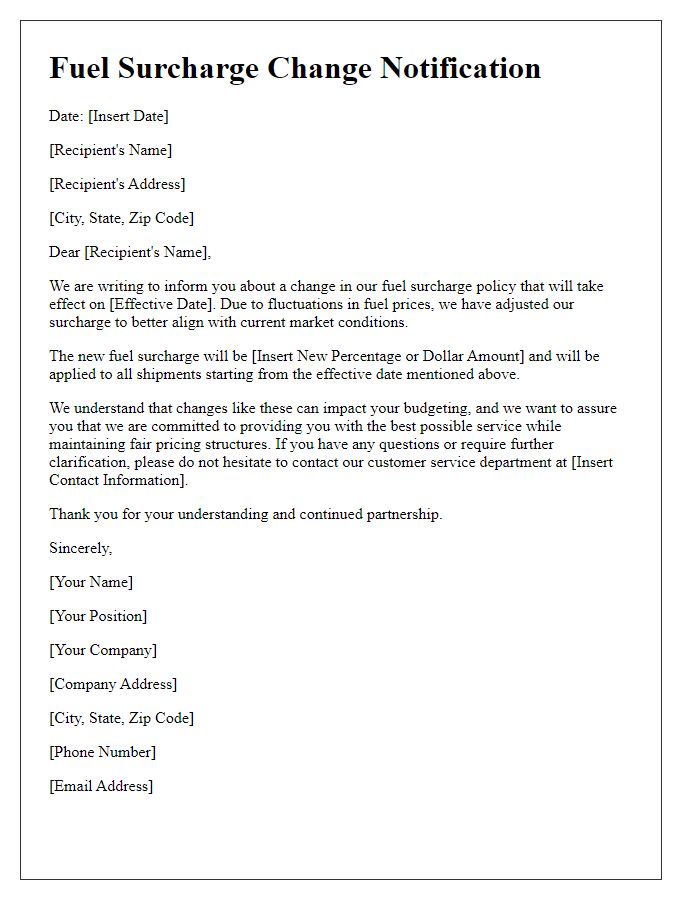 Letter template of fuel surcharge change notification