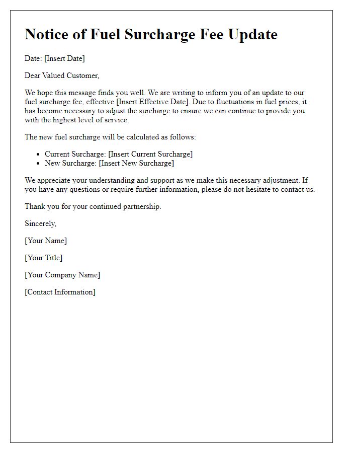 Letter template of fuel surcharge fee update