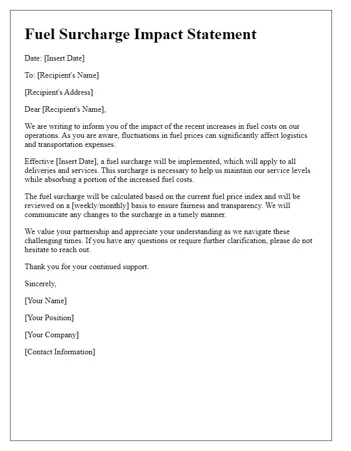 Letter template of fuel surcharge impact statement