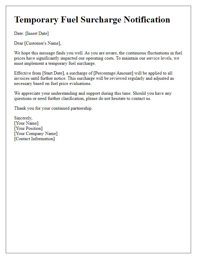 Letter template of temporary fuel surcharge implementation