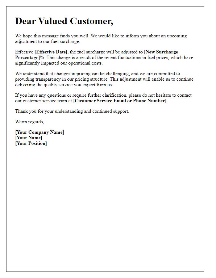 Letter template of upcoming fuel surcharge adjustments