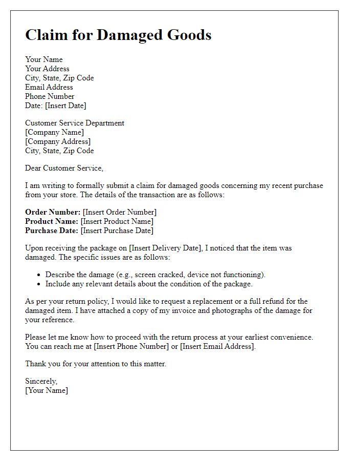 Letter template of damaged goods claim for electronics.