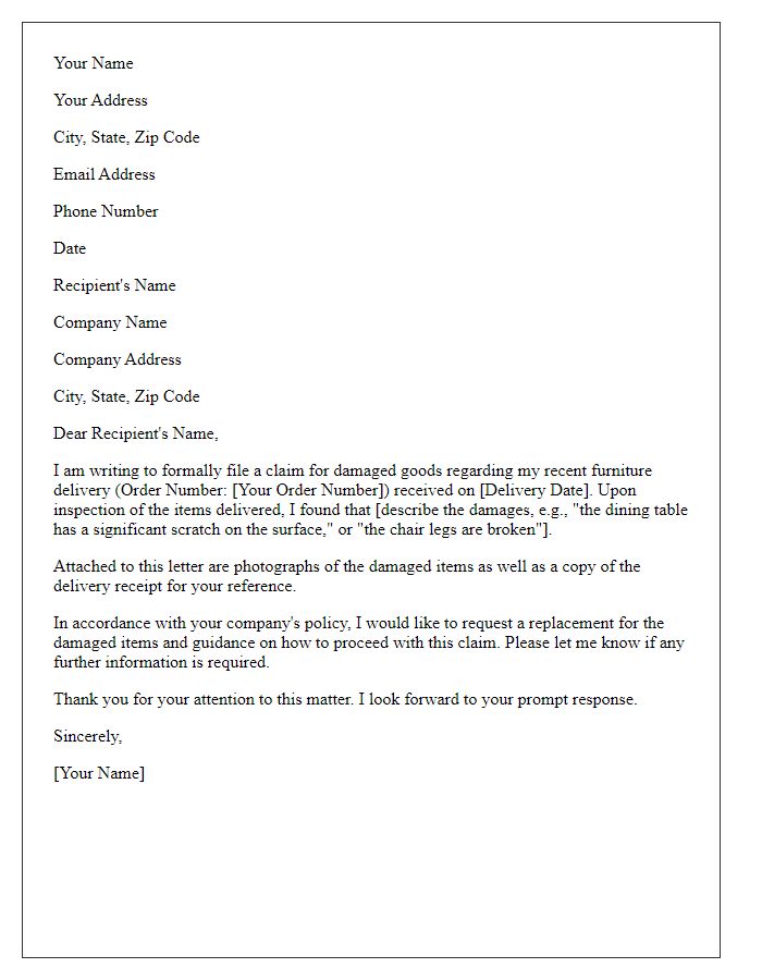 Letter template of damaged goods claim for furniture delivery.