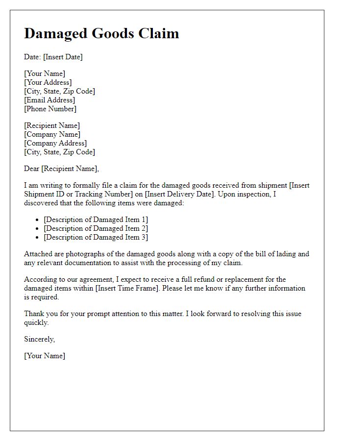 Letter template of damaged goods claim for international shipment.