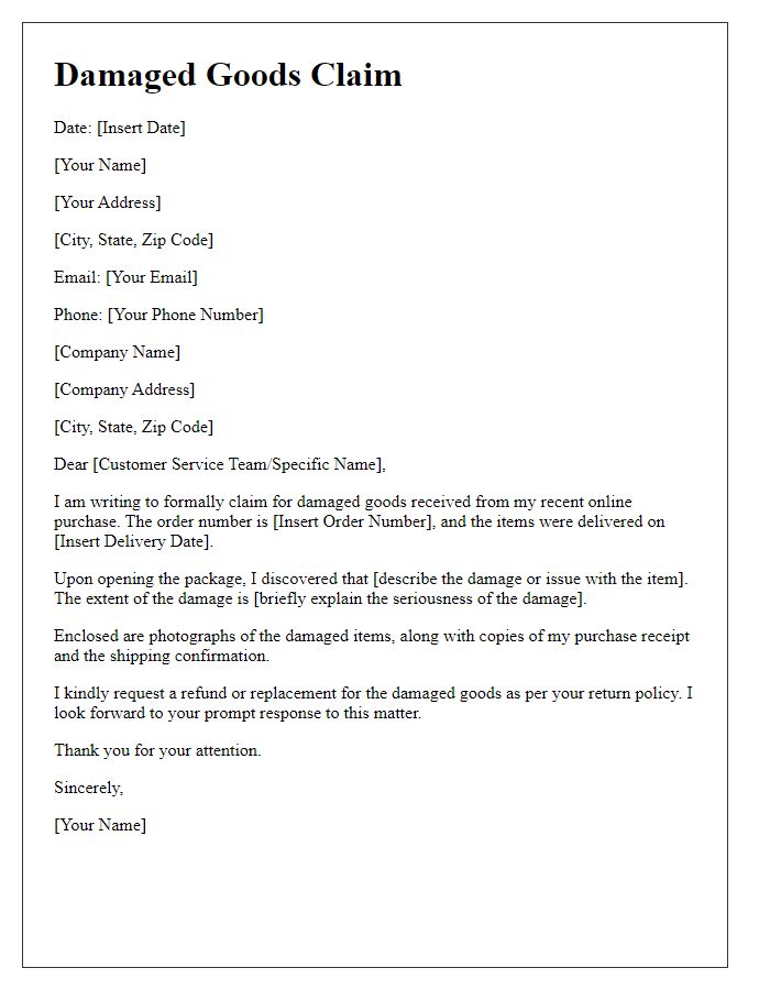 Letter template of damaged goods claim for online purchase.