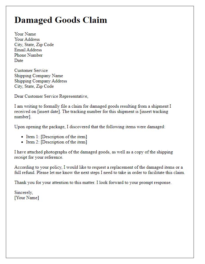 Letter template of damaged goods claim for shipping issues.