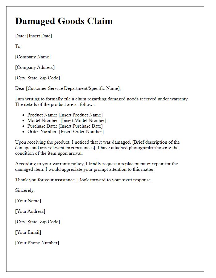 Letter template of damaged goods claim for warranty services.