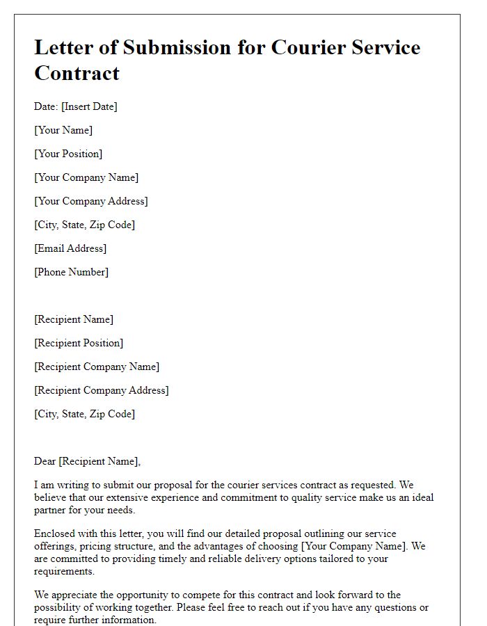 Letter template of courier service submission for contract consideration.