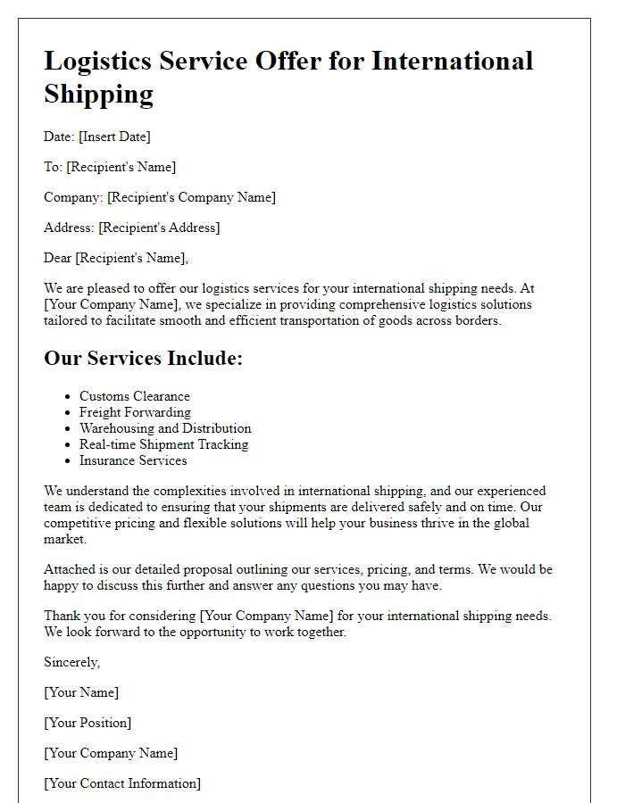 Letter template of logistics service offer for international shipping.