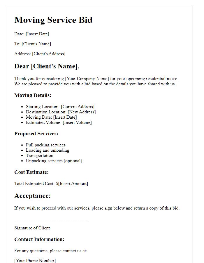 Letter template of moving service bid for residential relocation.