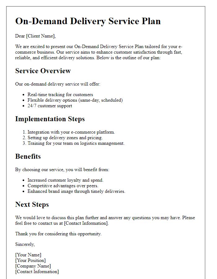 Letter template of on-demand delivery service plan for e-commerce.