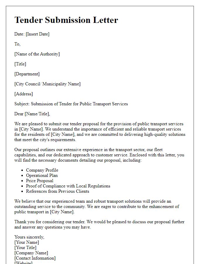 Letter template of public transport service tender for city contracts.