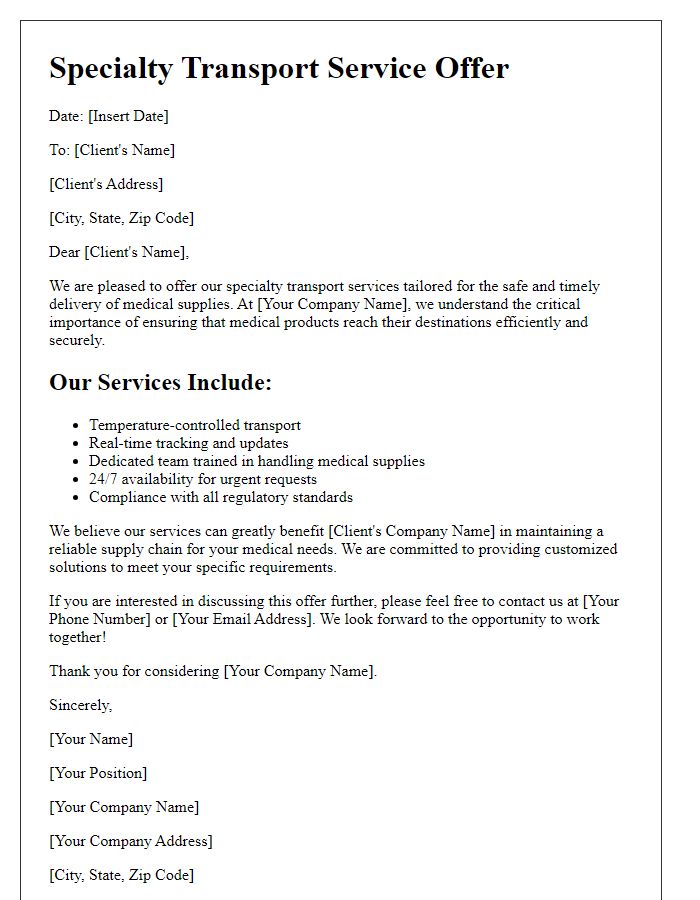 Letter template of specialty transport service offer for medical supplies.