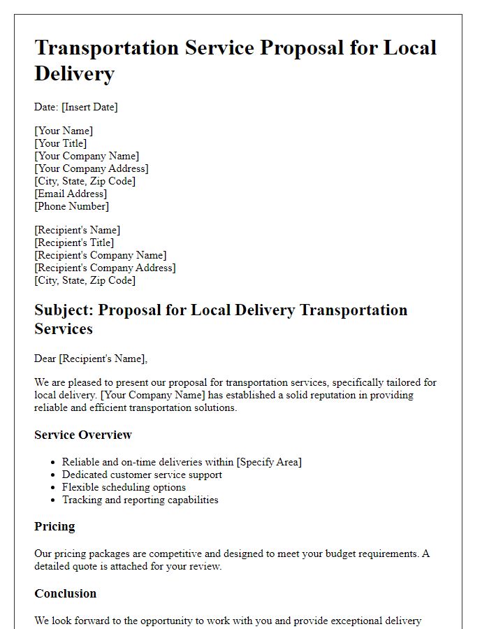 Letter template of transportation service proposal for local delivery.