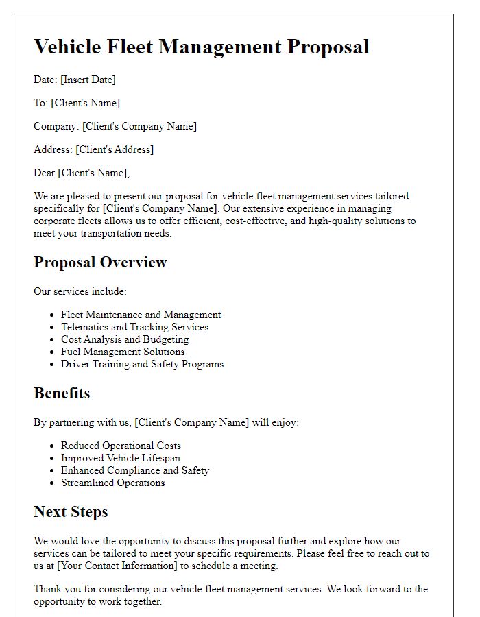 Letter template of vehicle fleet management proposal for corporate clients.