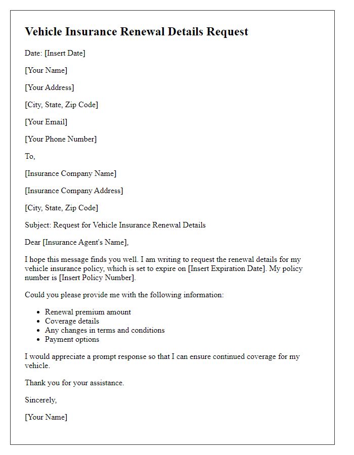 Letter template of vehicle insurance renewal details request