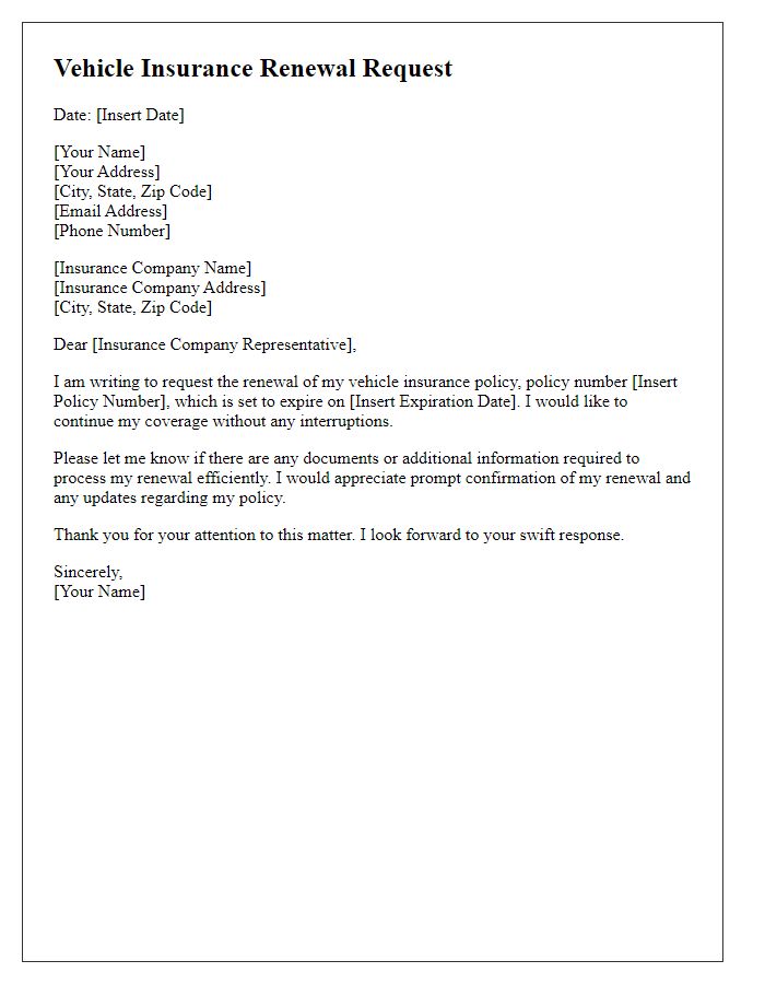 Letter template of vehicle insurance renewal request