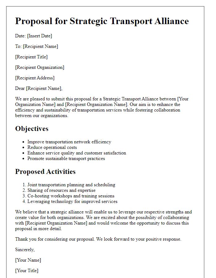 Letter template of strategic transport alliance proposal