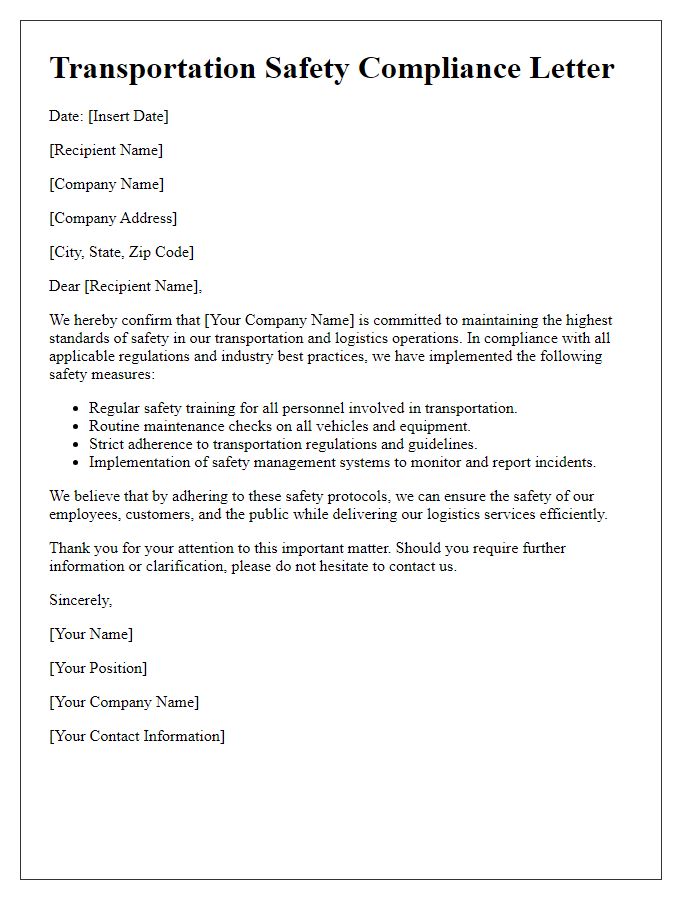 Letter template of transportation safety compliance for logistics companies.