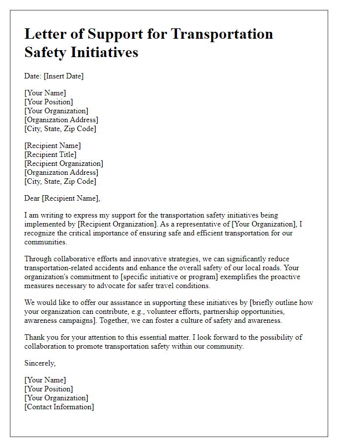 Letter template of transportation safety initiatives for non-profit organizations.