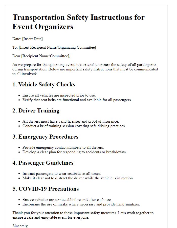 Letter template of transportation safety instructions for event organizers.