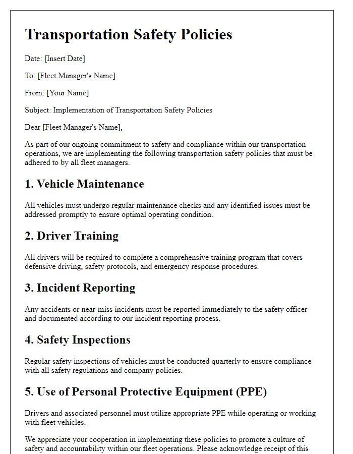 Letter template of transportation safety policies for fleet managers.