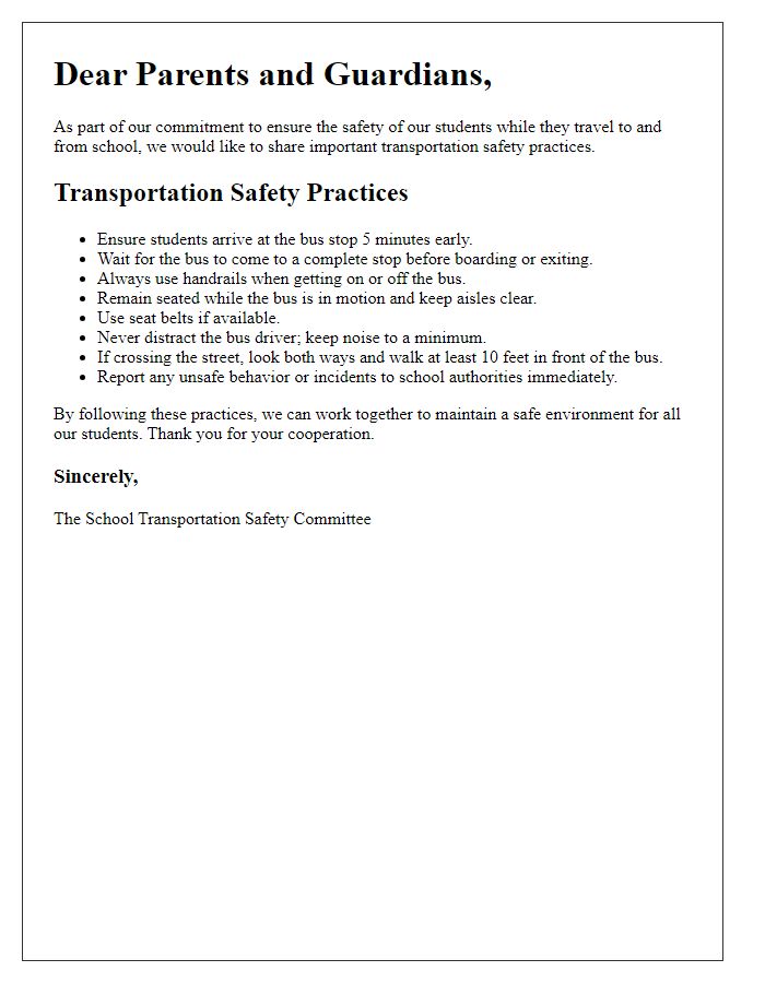 Letter template of transportation safety practices for schools.