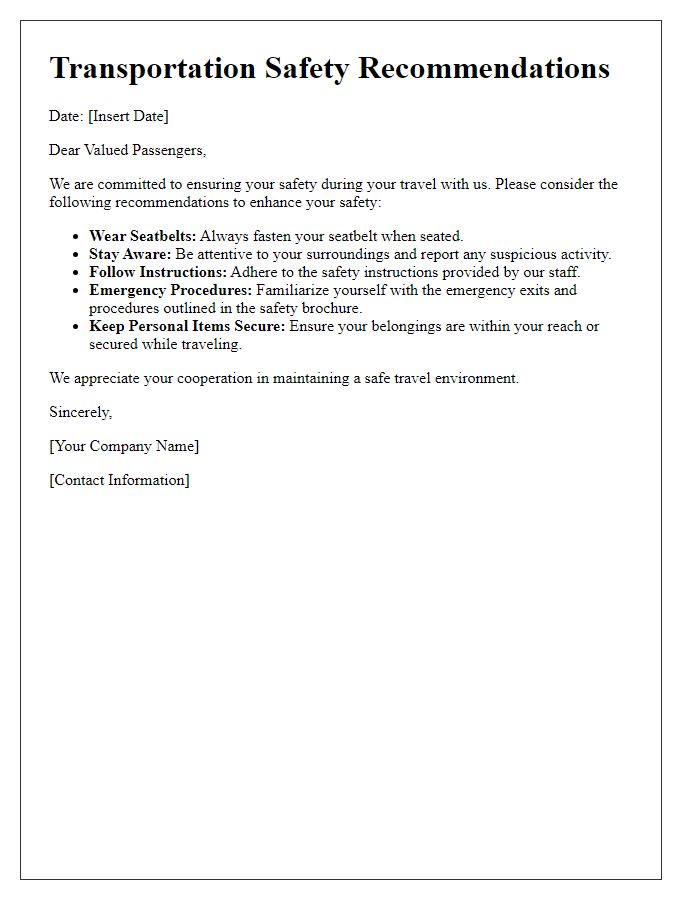 Letter template of transportation safety recommendations for passengers.